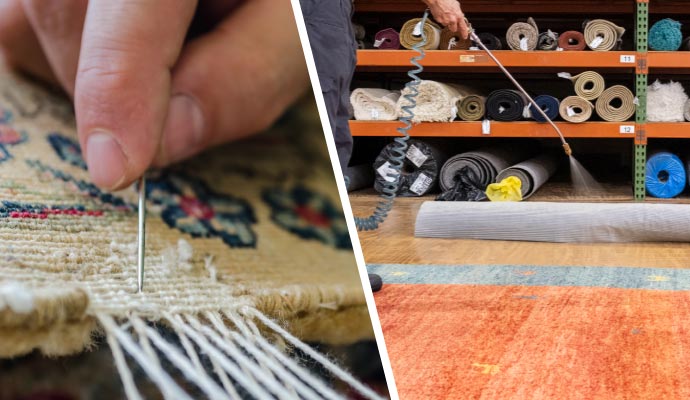 a collage of a professional repairing a rug and providing treatment to a rug