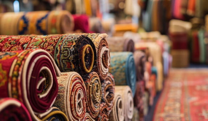 Multiple rolled carpets displayed in a store