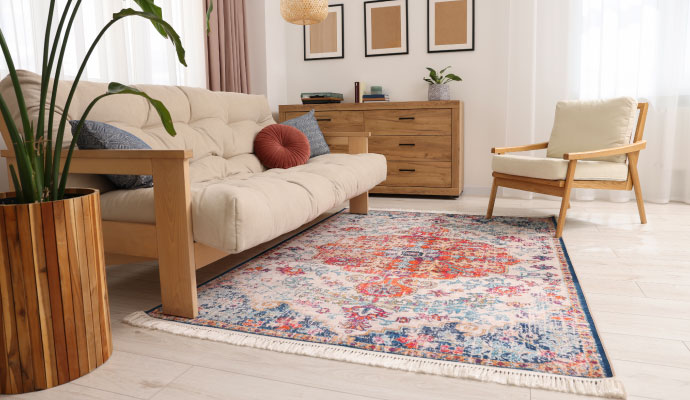 a living room with a colorful rug on the floor