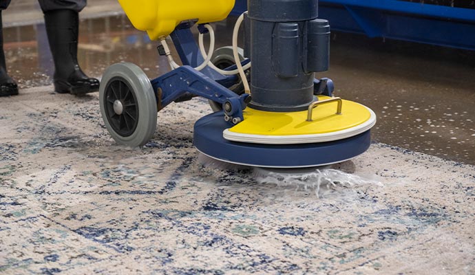 cleaning rug using commercial scrubber