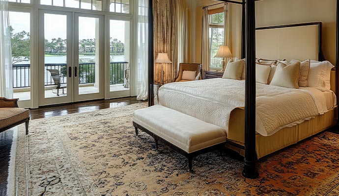 a well-appointed bedroom featuring a large, clean, ornate rug that covers most of the floor