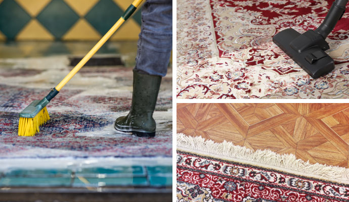 a collage showcasing different types of rug maintenance