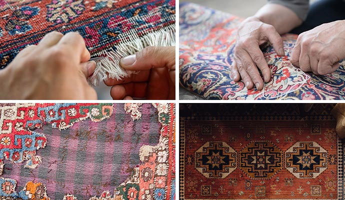 collage of fringe-repair, backing-repair, rug-hole and fire-damaged rug