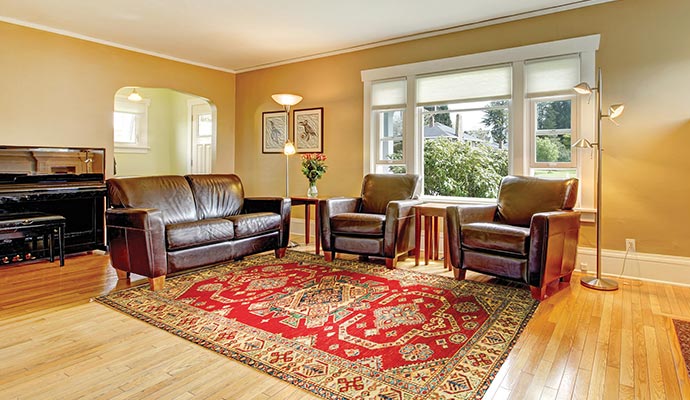 A rug is placed in a beautiful room.